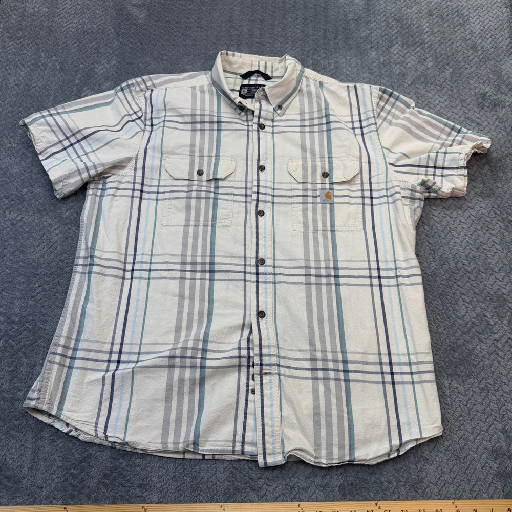 Carhartt Shirt Mens XL Loose Fit Plaid‎ Cream Blue Cotton SS Workwear 105175 W03